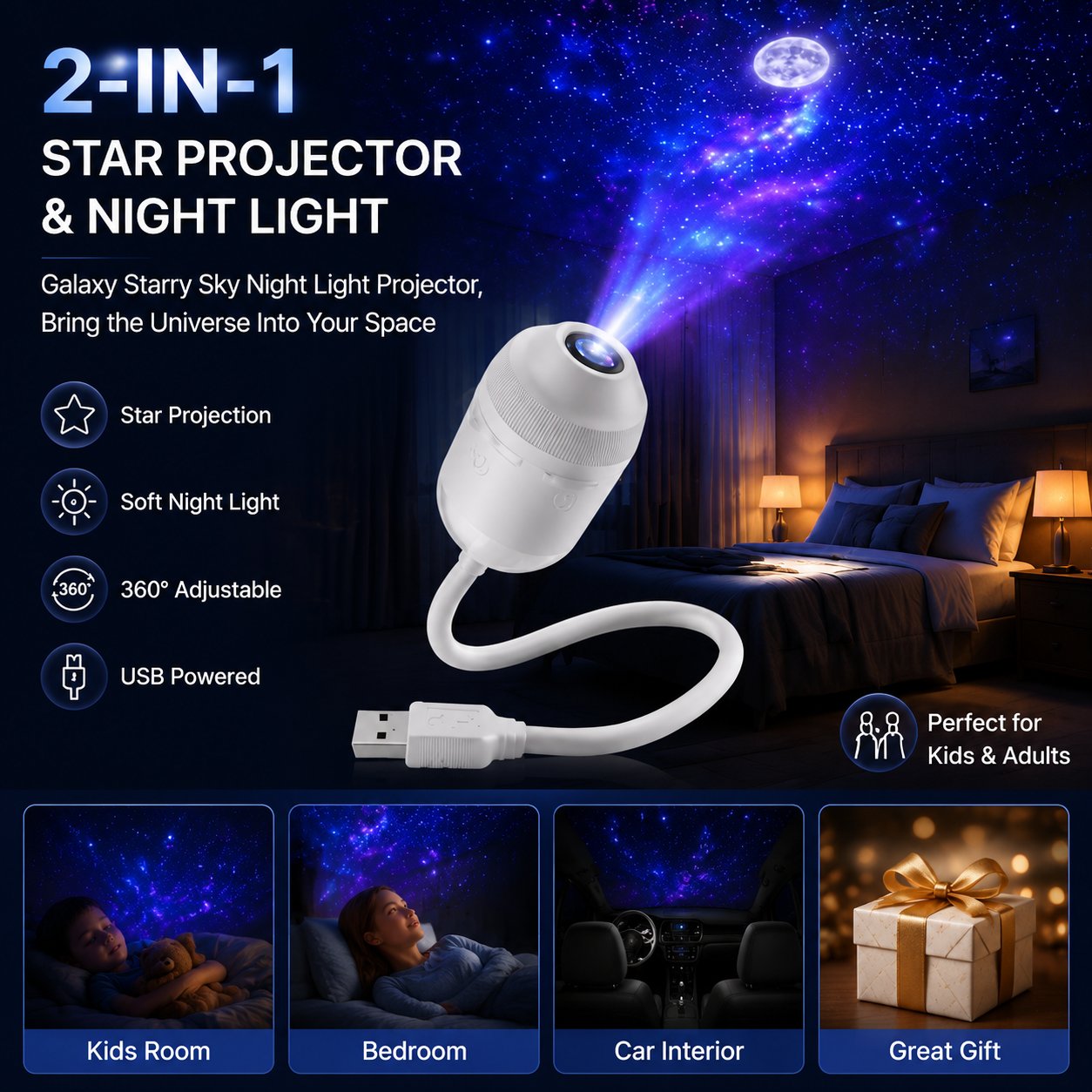 USB Starry Night Galaxy Projector & Soft LED Night Light