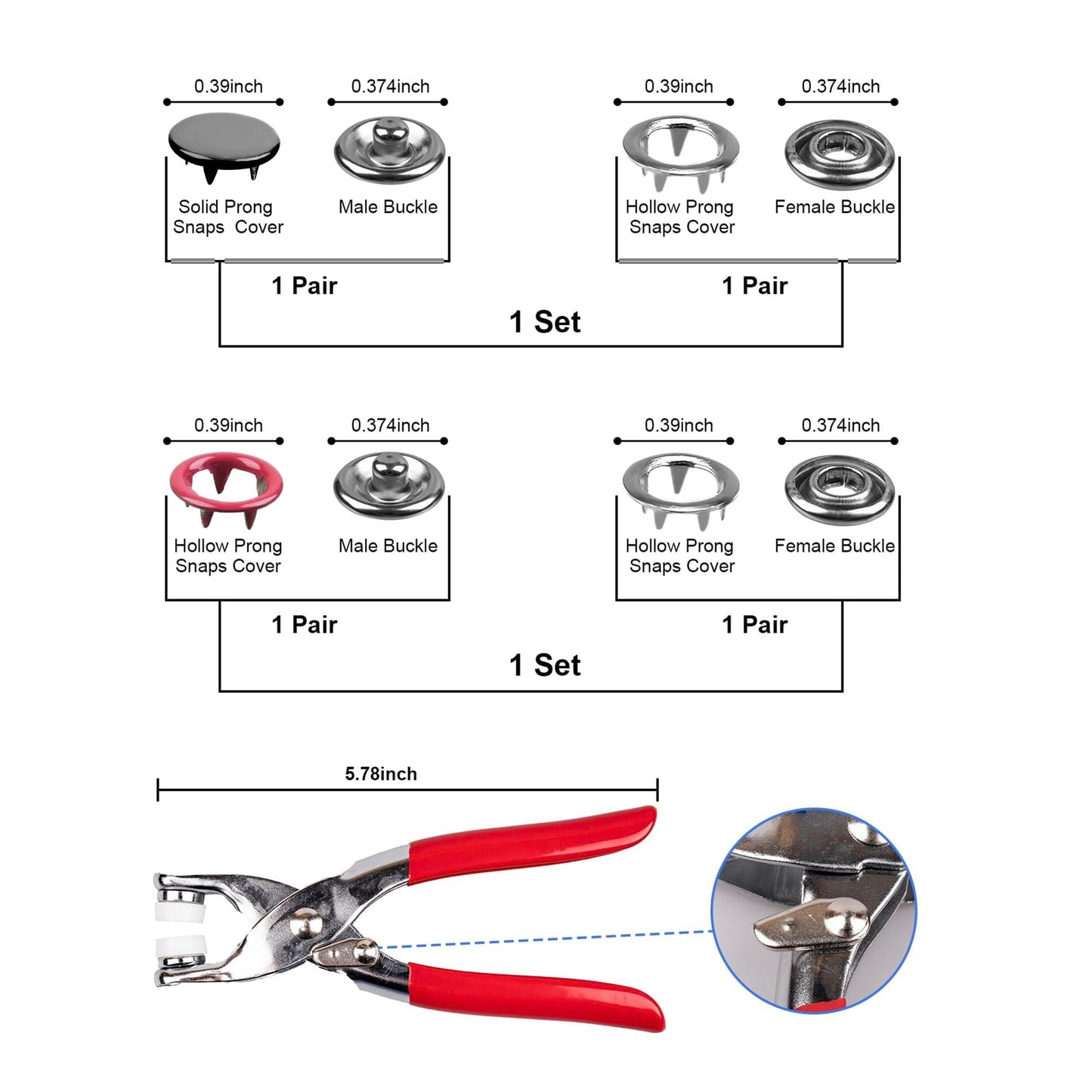 200 Sets Metal Snap Buttons Kit with Fastener Pliers Tool