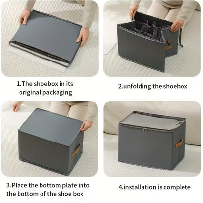 Foldable 12-Compartment Shoe & Closet Storage Box with Clear Zipper Lid
