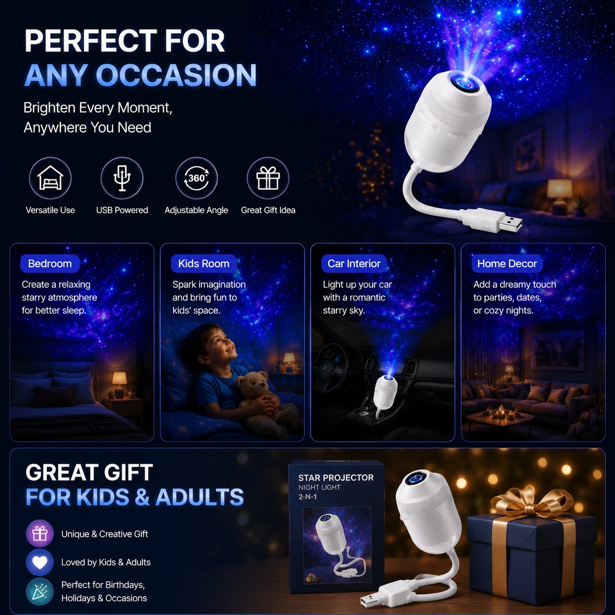 USB Starry Night Galaxy Projector & Soft LED Night Light