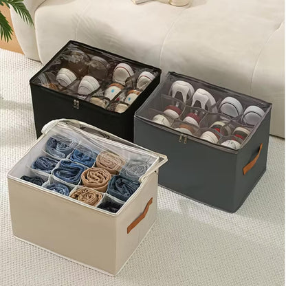 Foldable 12-Compartment Shoe & Closet Storage Box with Clear Zipper Lid