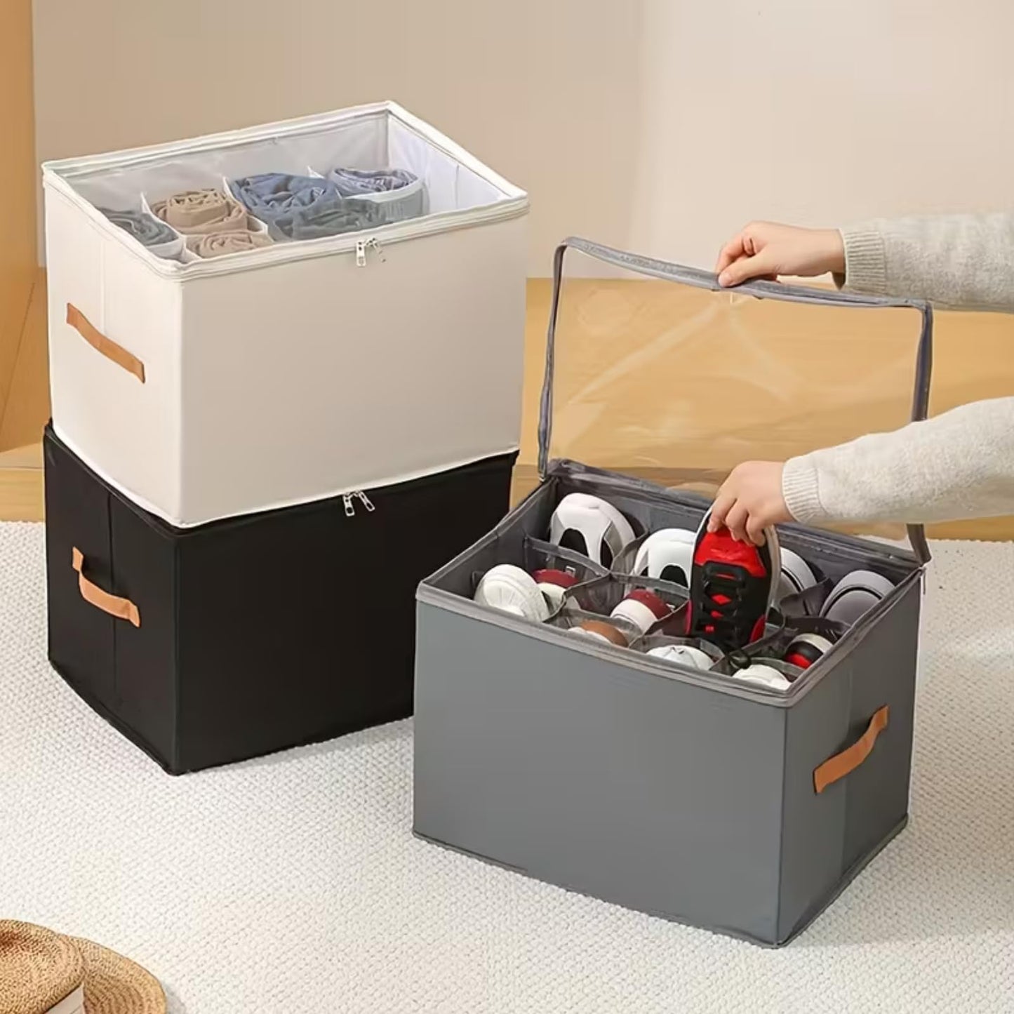 Foldable 12-Compartment Shoe & Closet Storage Box with Clear Zipper Lid