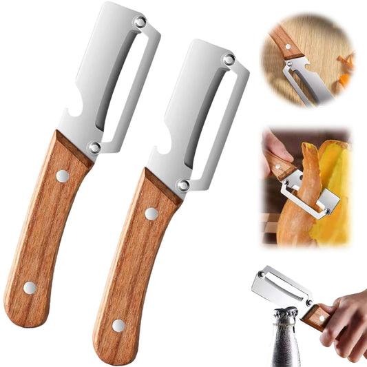 2-Piece Multi-Functional Vegetable Peeler with Wooden Handle & Bottle Opener