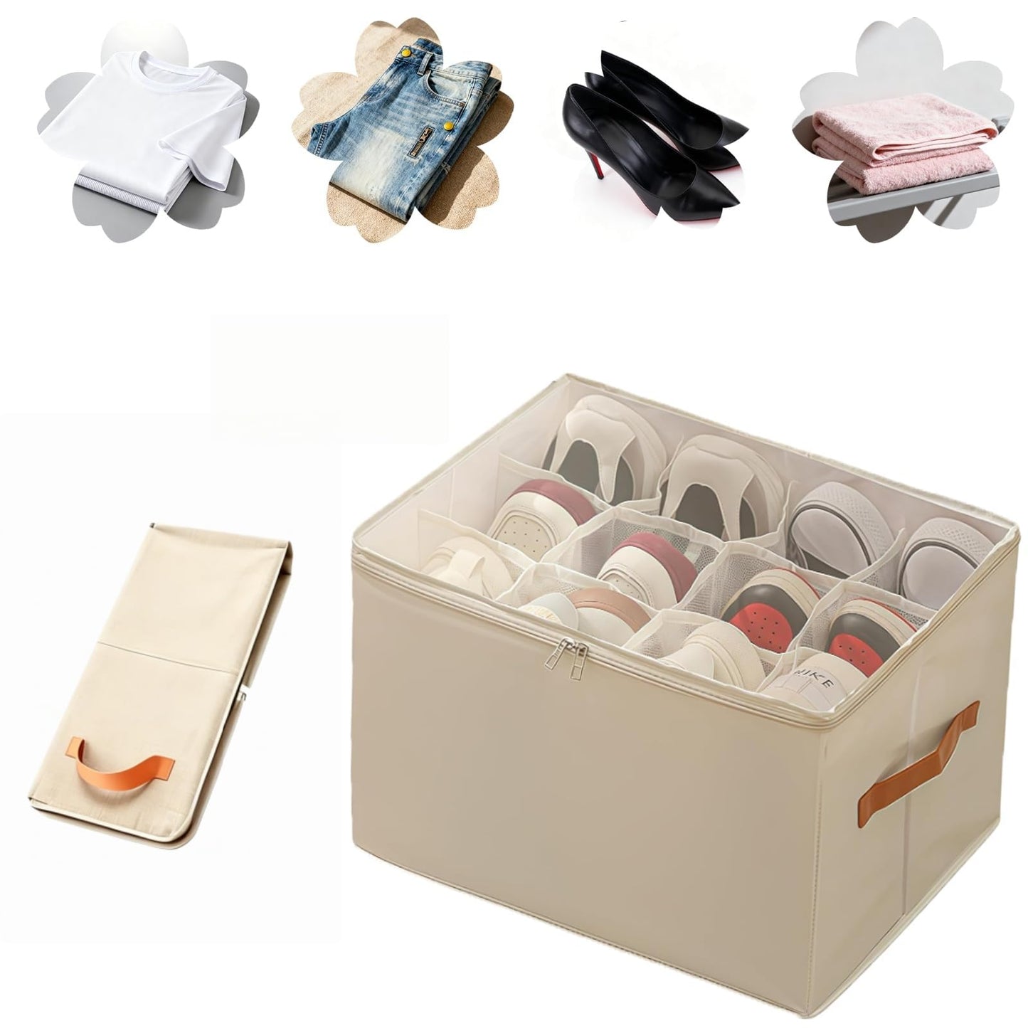 Foldable 12-Compartment Shoe & Closet Storage Box with Clear Zipper Lid